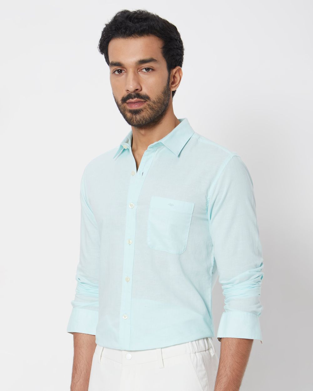 Turquoise Cotton Linen Slim Fit Casual Shirt
