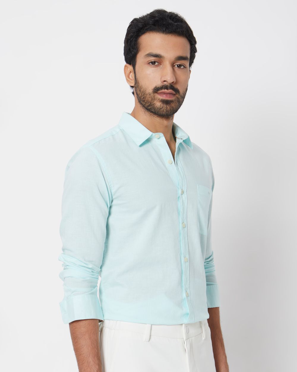 Turquoise Cotton Linen Slim Fit Casual Shirt