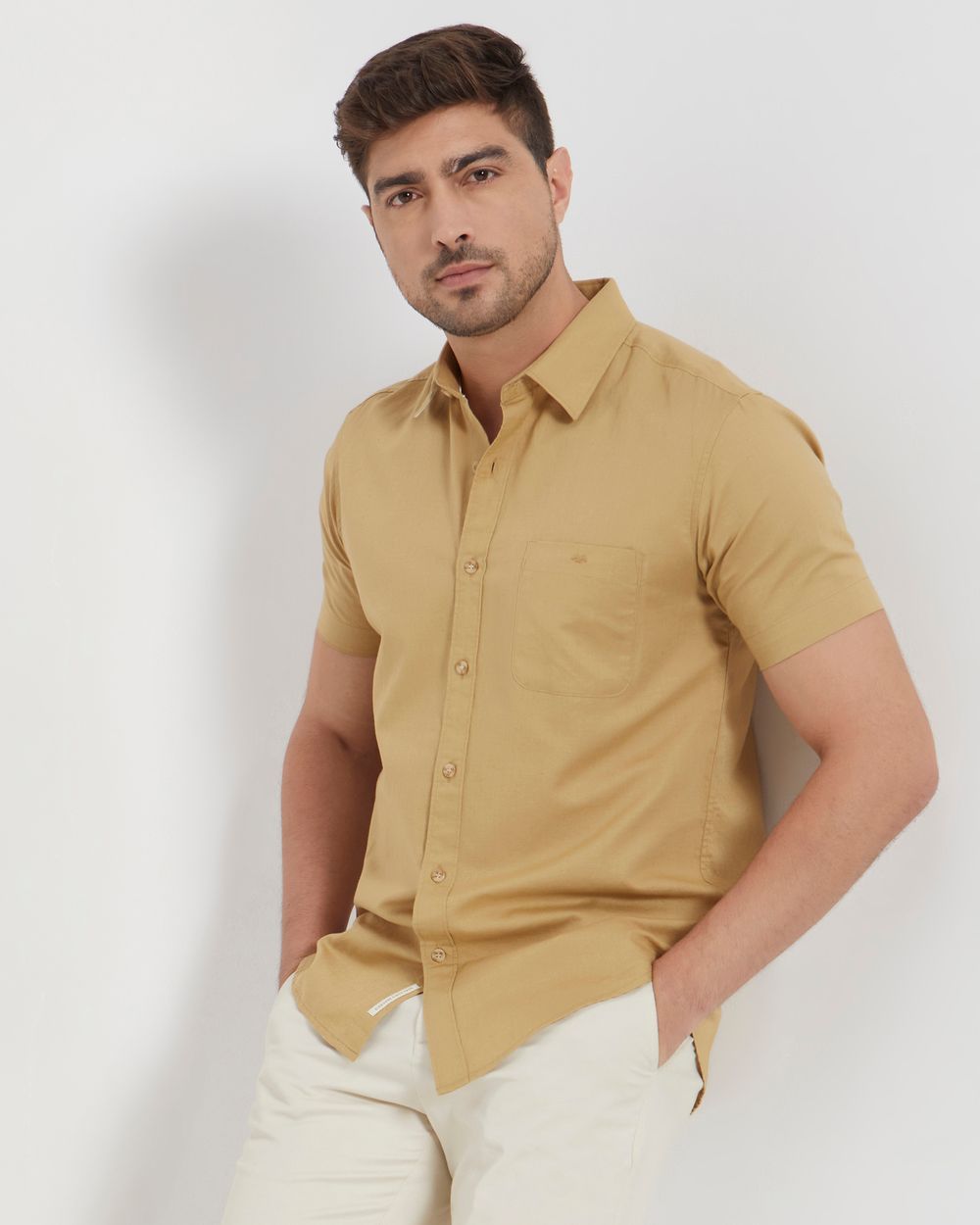 Khaki Cotton Linen Plain Slim Fit Casual Shirt