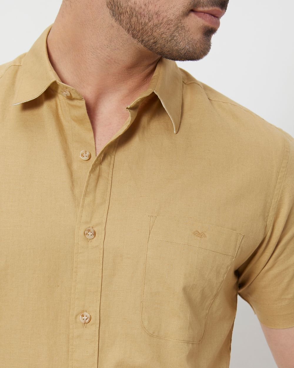 Khaki Cotton Linen Plain Slim Fit Casual Shirt