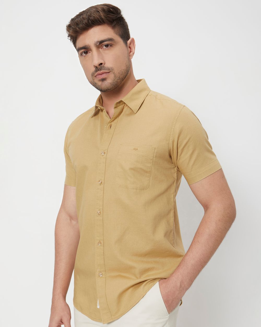 Khaki Cotton Linen Plain Slim Fit Casual Shirt