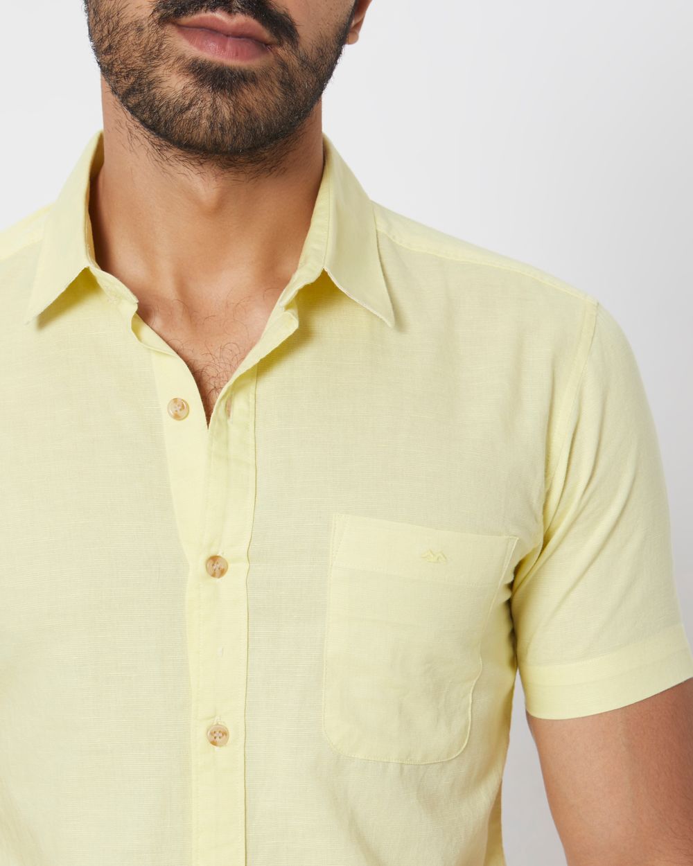 Yellow Cotton Linen Plain Slim Fit Casual Shirt