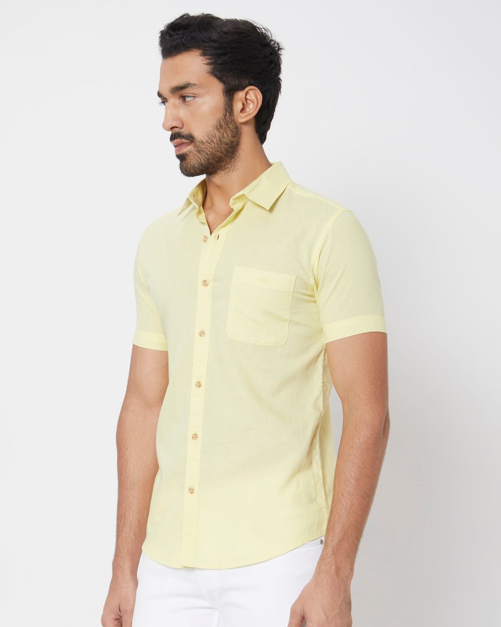 Yellow Cotton Linen Plain Slim Fit Casual Shirt