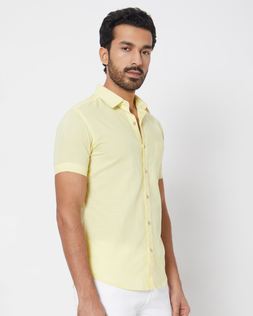 Yellow Cotton Linen Plain Slim Fit Casual Shirt