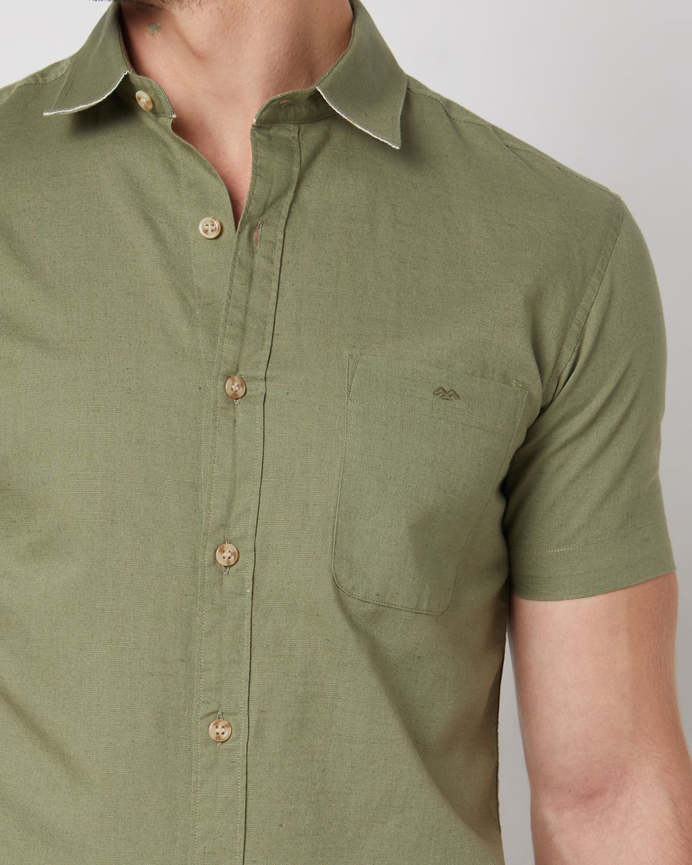 Light Olive Cotton Linen Plain Slim Fit Casual Shirt