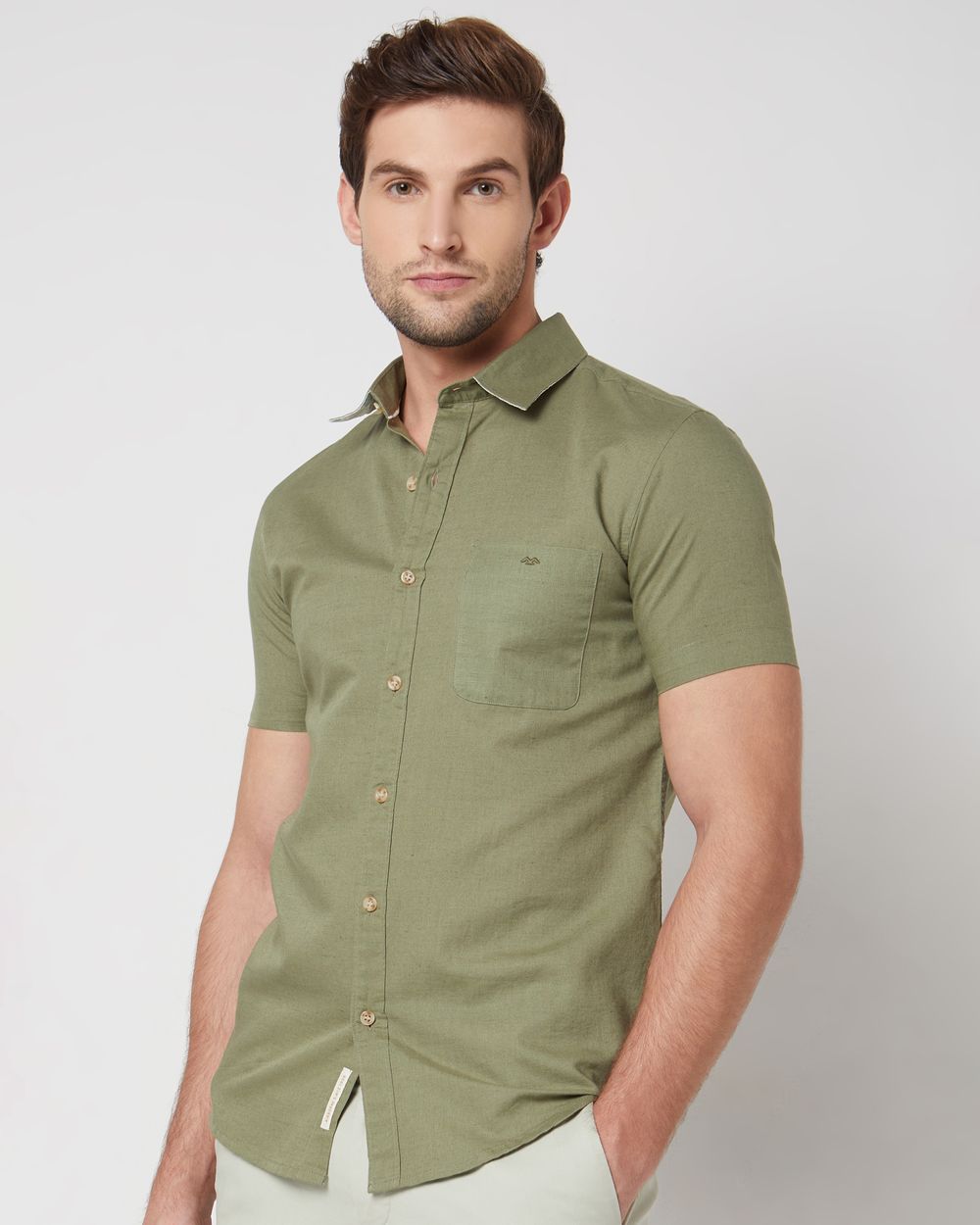 Light Olive Cotton Linen Plain Slim Fit Casual Shirt