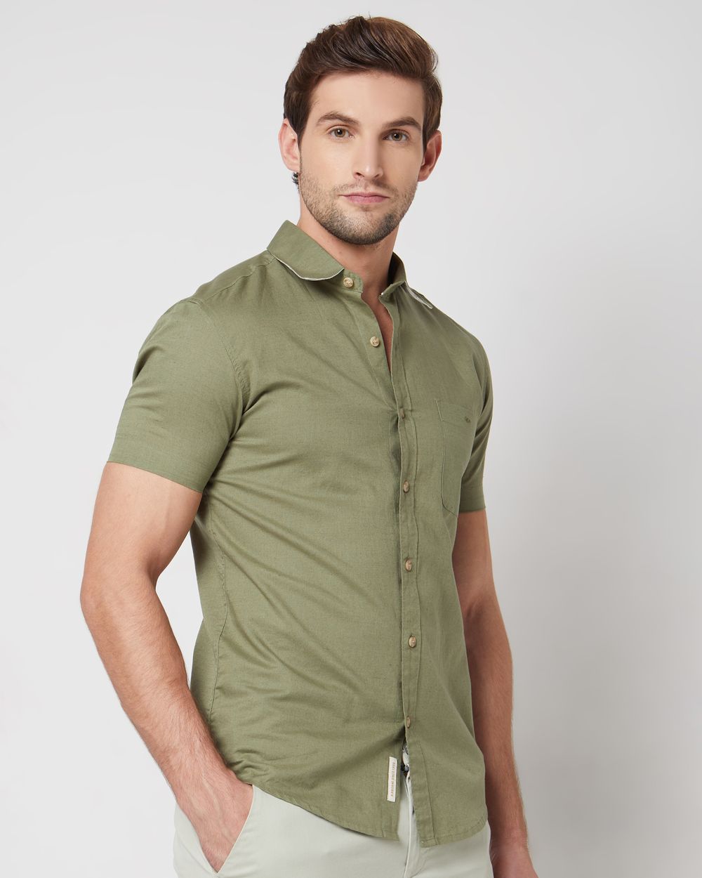 Light Olive Cotton Linen Plain Slim Fit Casual Shirt