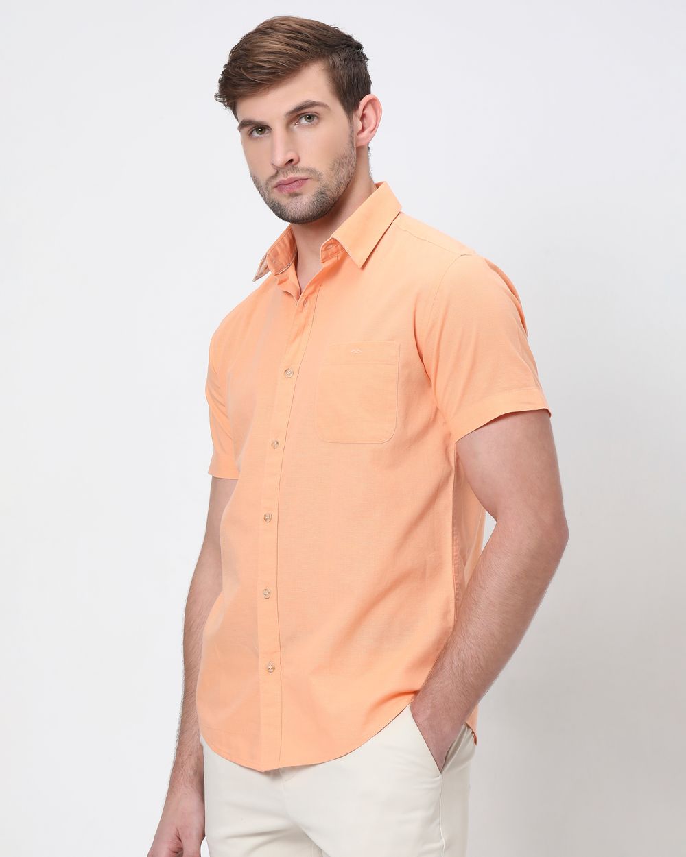 Orange Cotton Linen Plain Slim Fit Casual Shirt