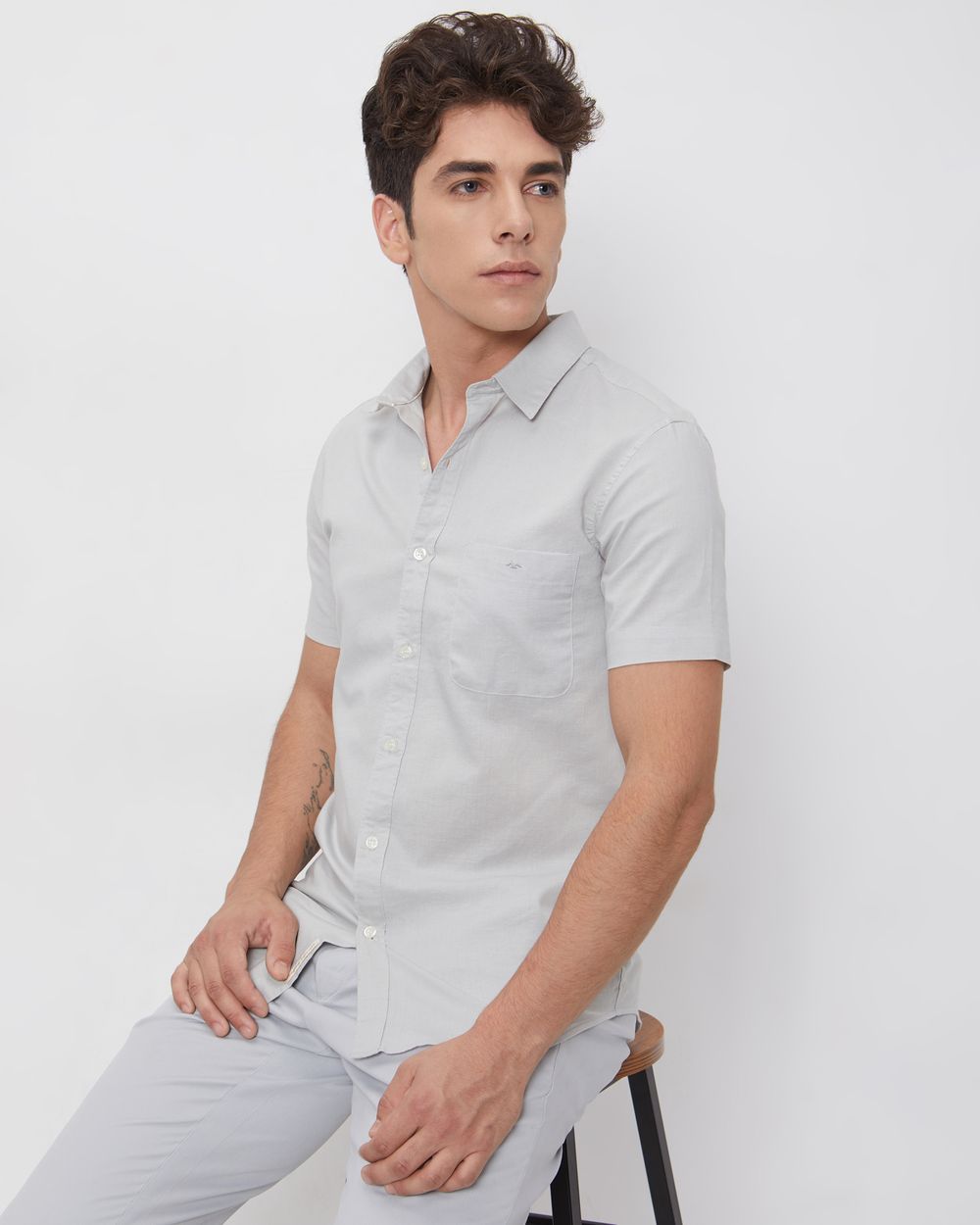 Light Grey Cotton Linen Plain Slim Fit Casual Shirt
