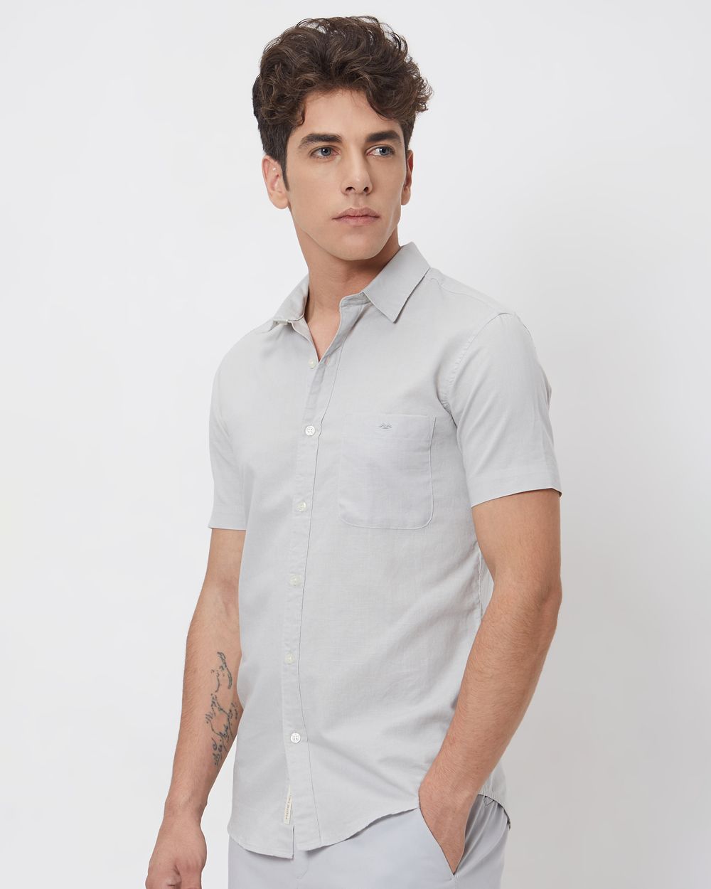 Light Grey Cotton Linen Plain Slim Fit Casual Shirt