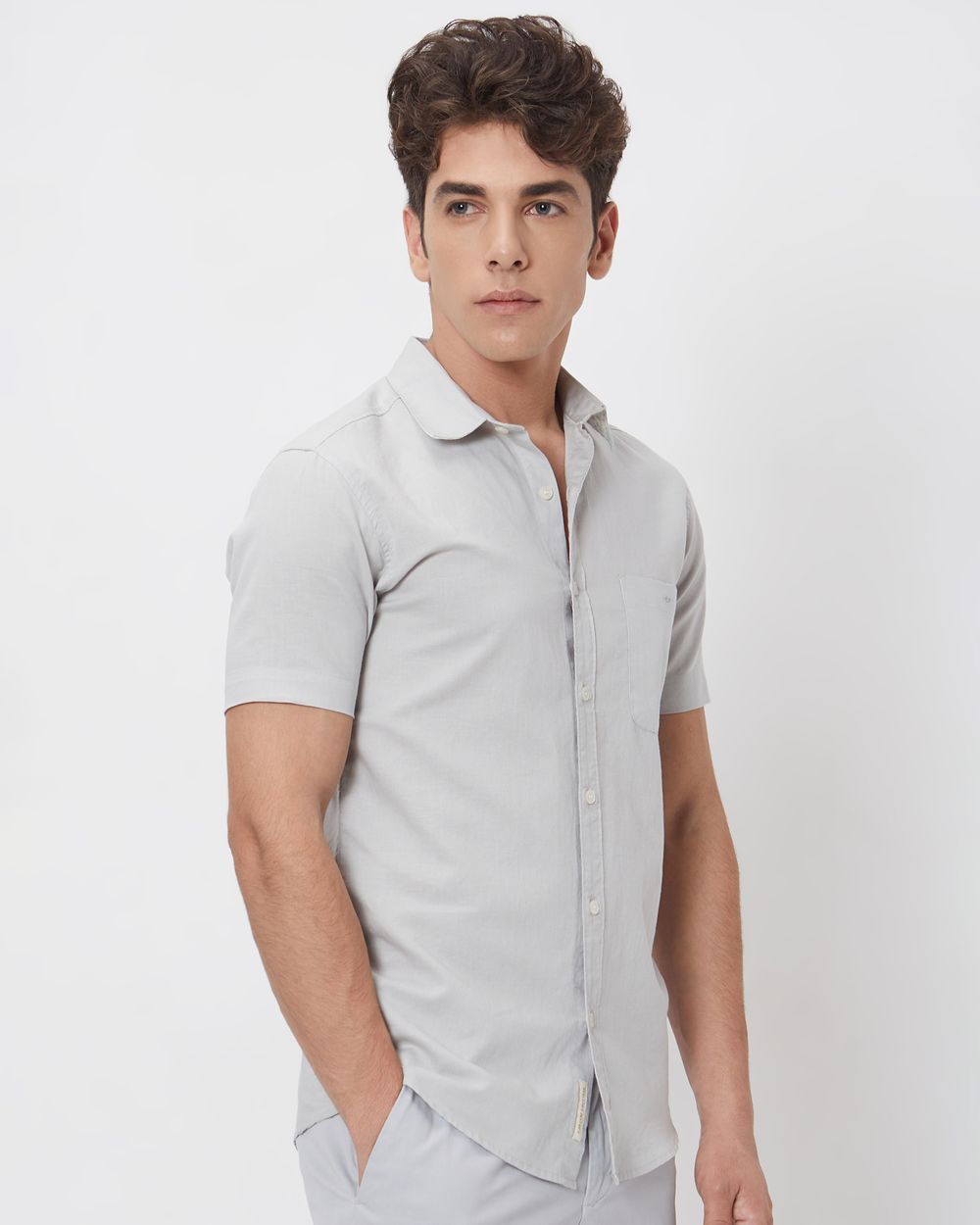 Light Grey Cotton Linen Plain Slim Fit Casual Shirt