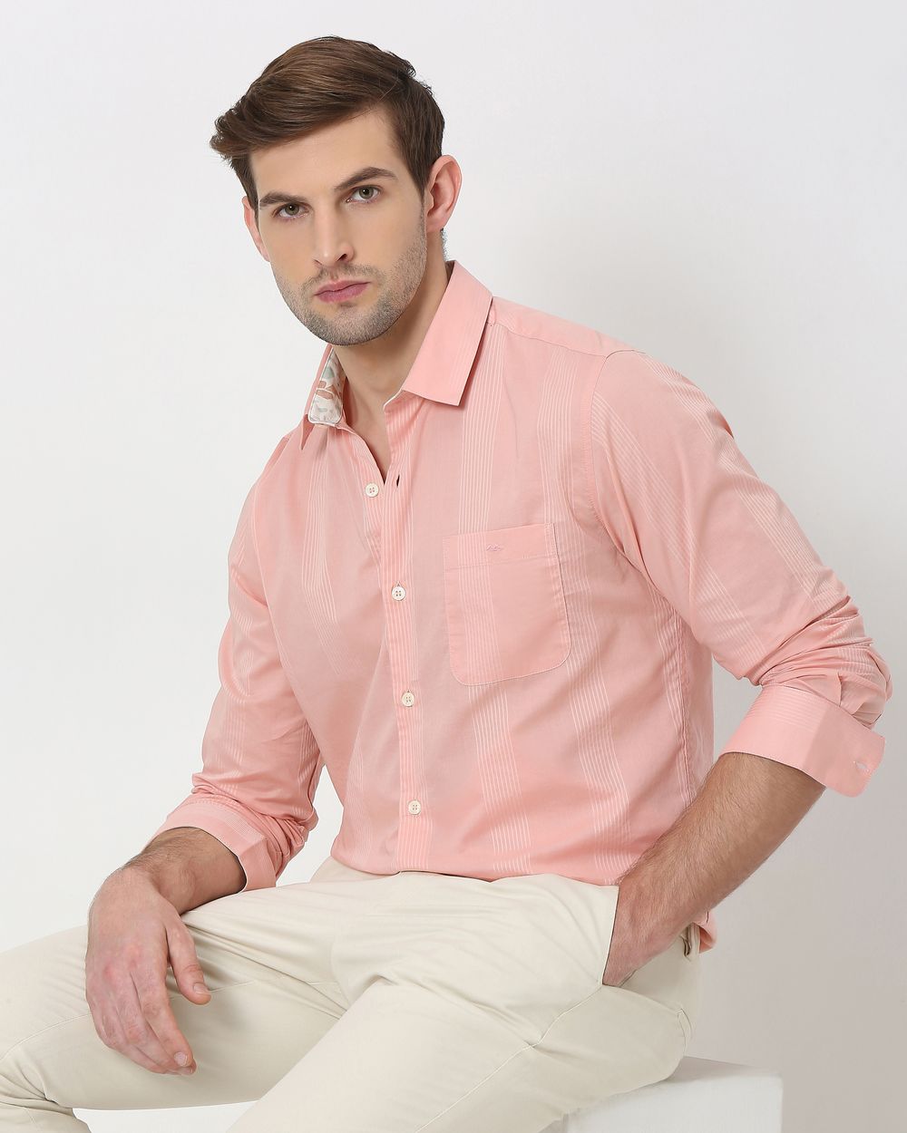 Pink Self Stripe Plain Slim Fit Casual Shirt