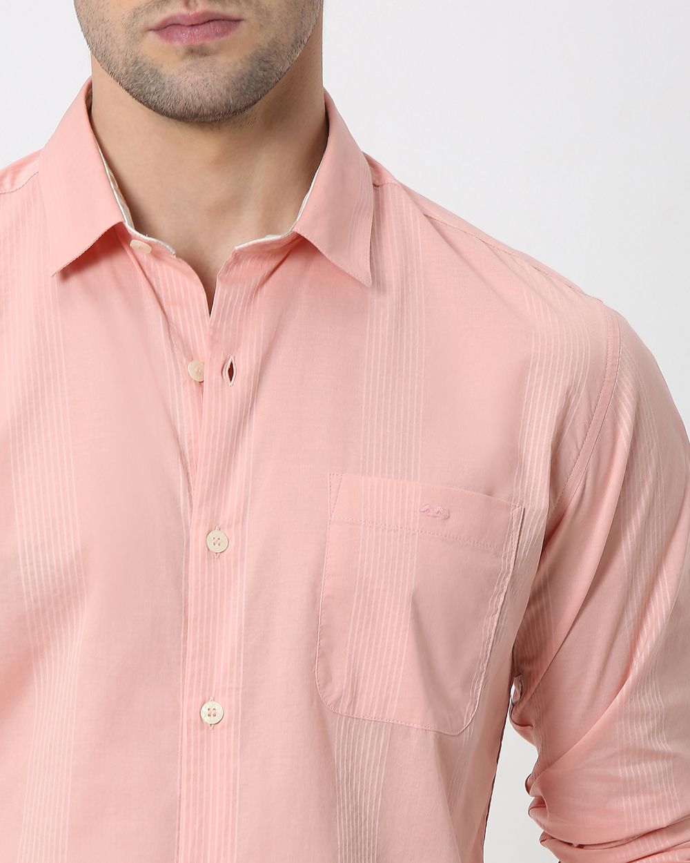Pink Self Stripe Plain Slim Fit Casual Shirt
