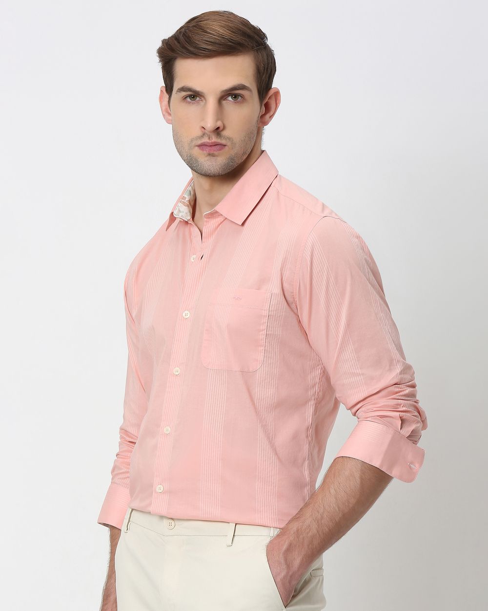 Pink Self Stripe Plain Slim Fit Casual Shirt