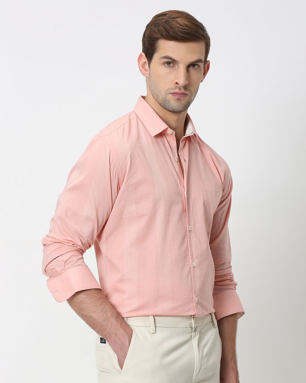 Pink Self Stripe Plain Slim Fit Casual Shirt