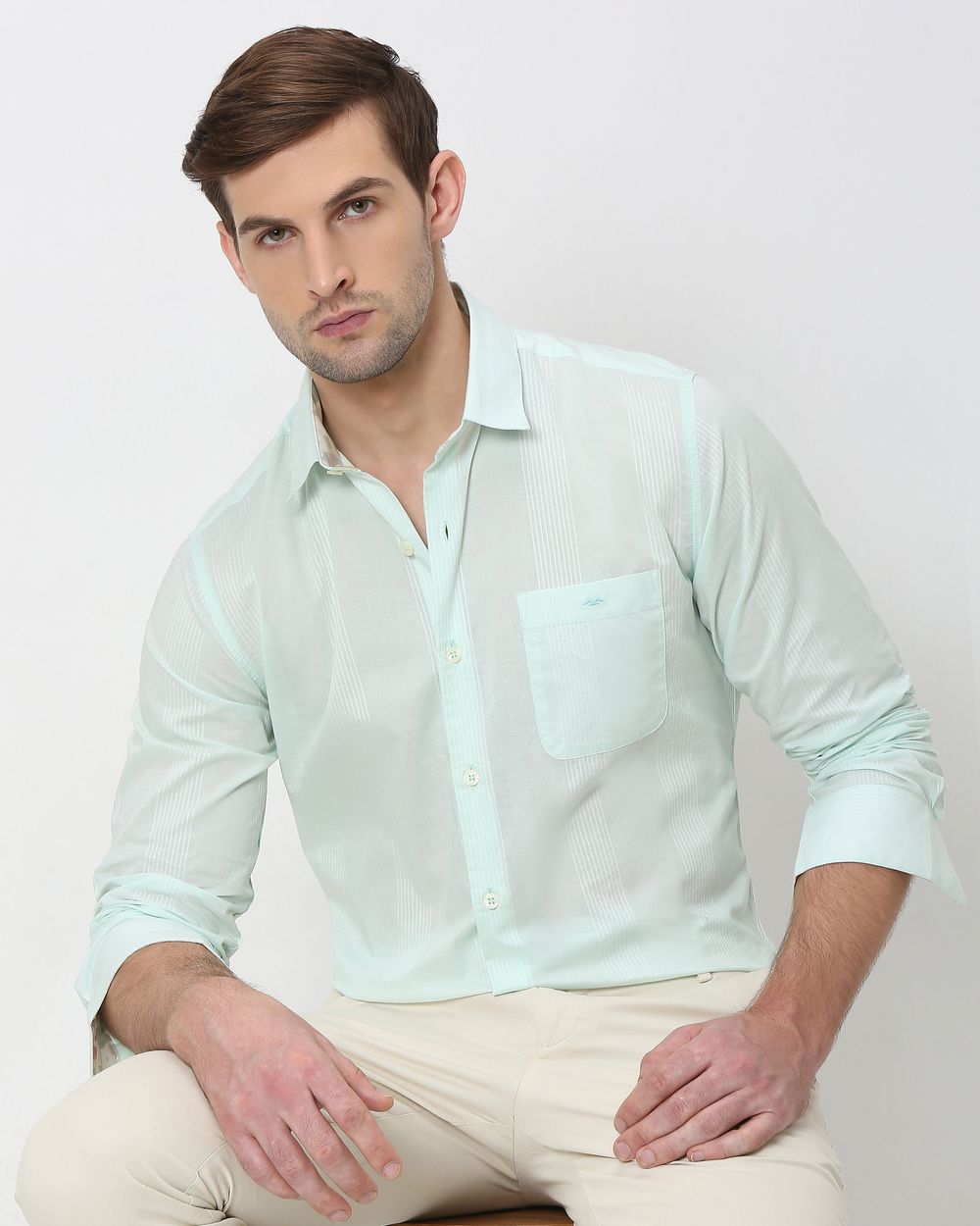 Light Green Self Stripe Plain Slim Fit Casual Shirt
