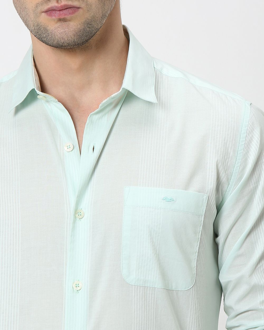 Light Green Self Stripe Plain Slim Fit Casual Shirt