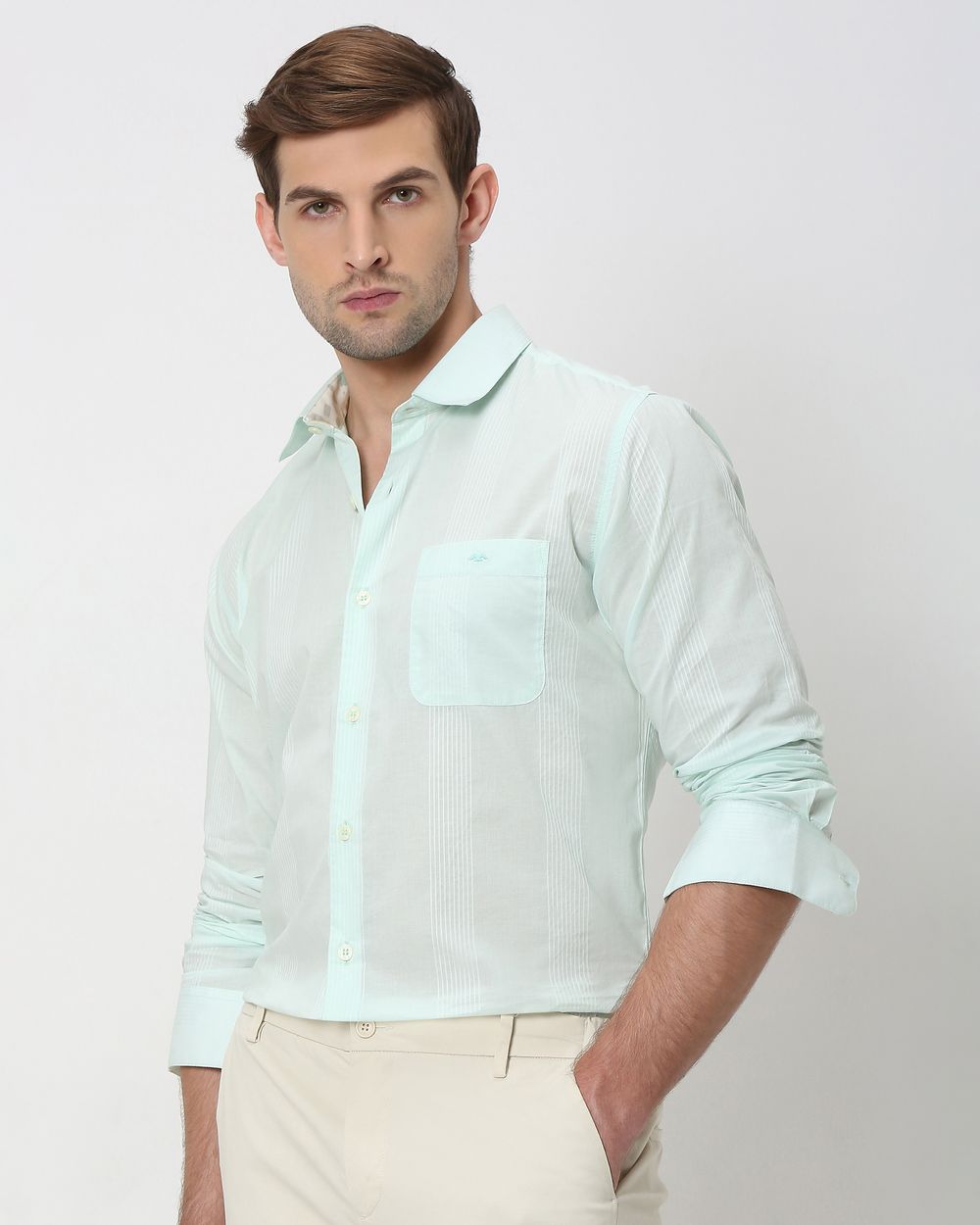 Light Green Self Stripe Plain Slim Fit Casual Shirt