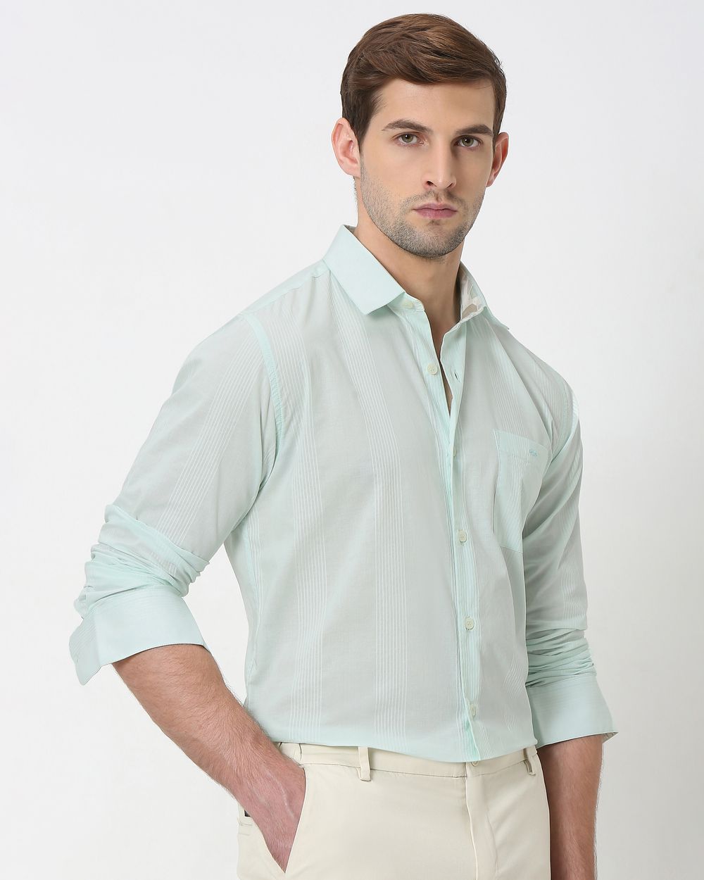 Light Green Self Stripe Plain Slim Fit Casual Shirt
