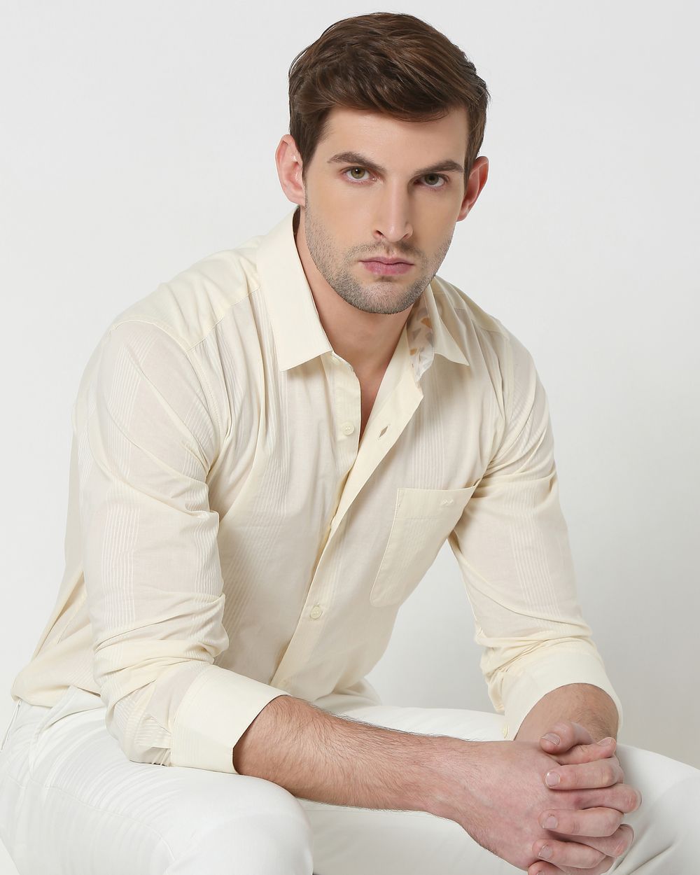 Off White Self Stripe Plain Slim Fit Casual Shirt