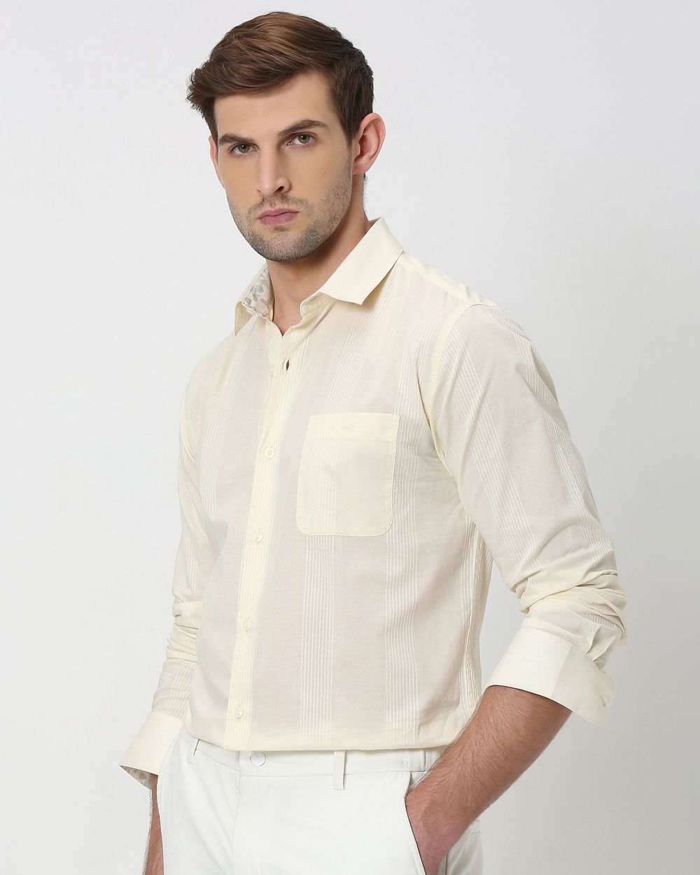 Off White Self Stripe Plain Slim Fit Casual Shirt