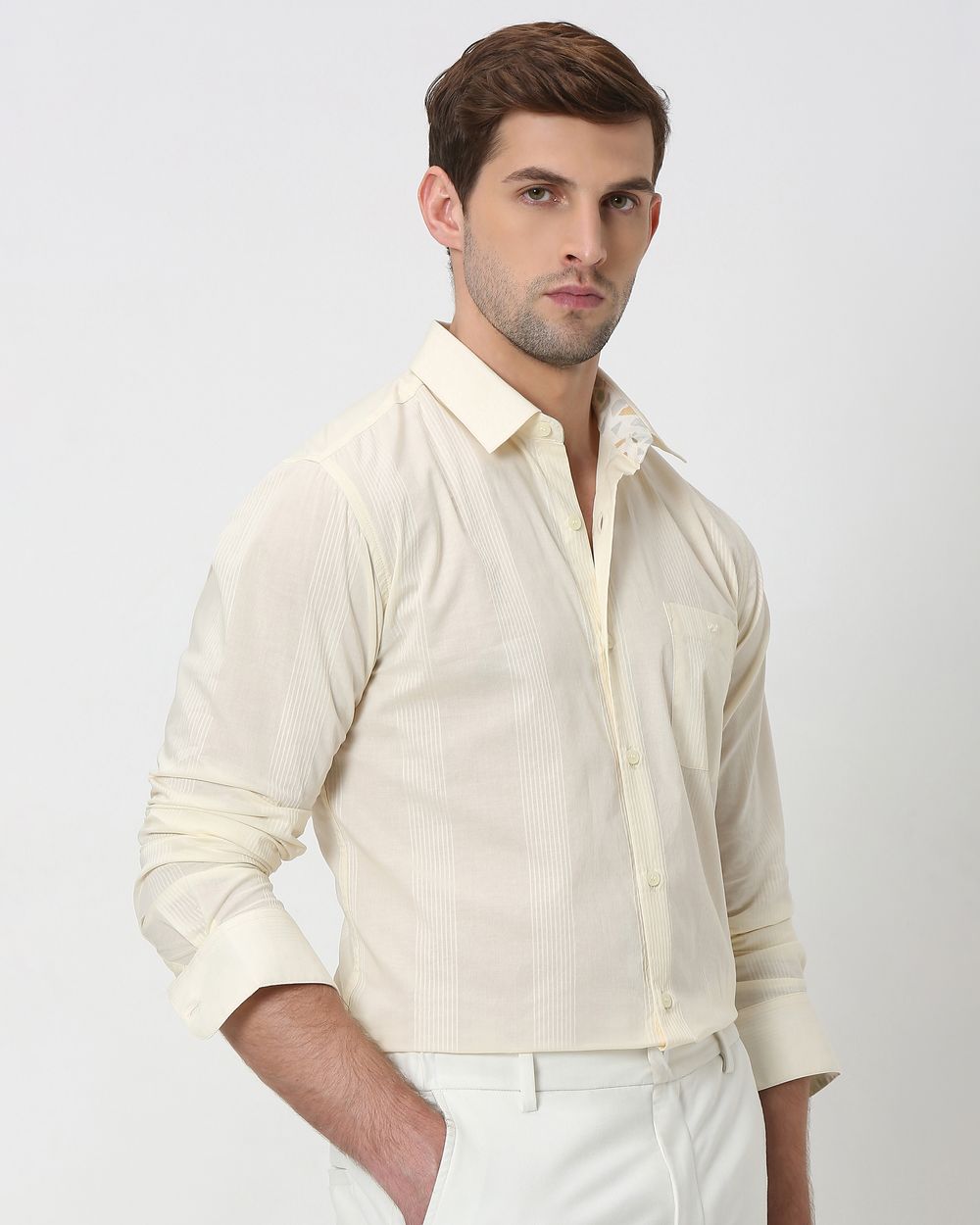 Off White Self Stripe Plain Slim Fit Casual Shirt