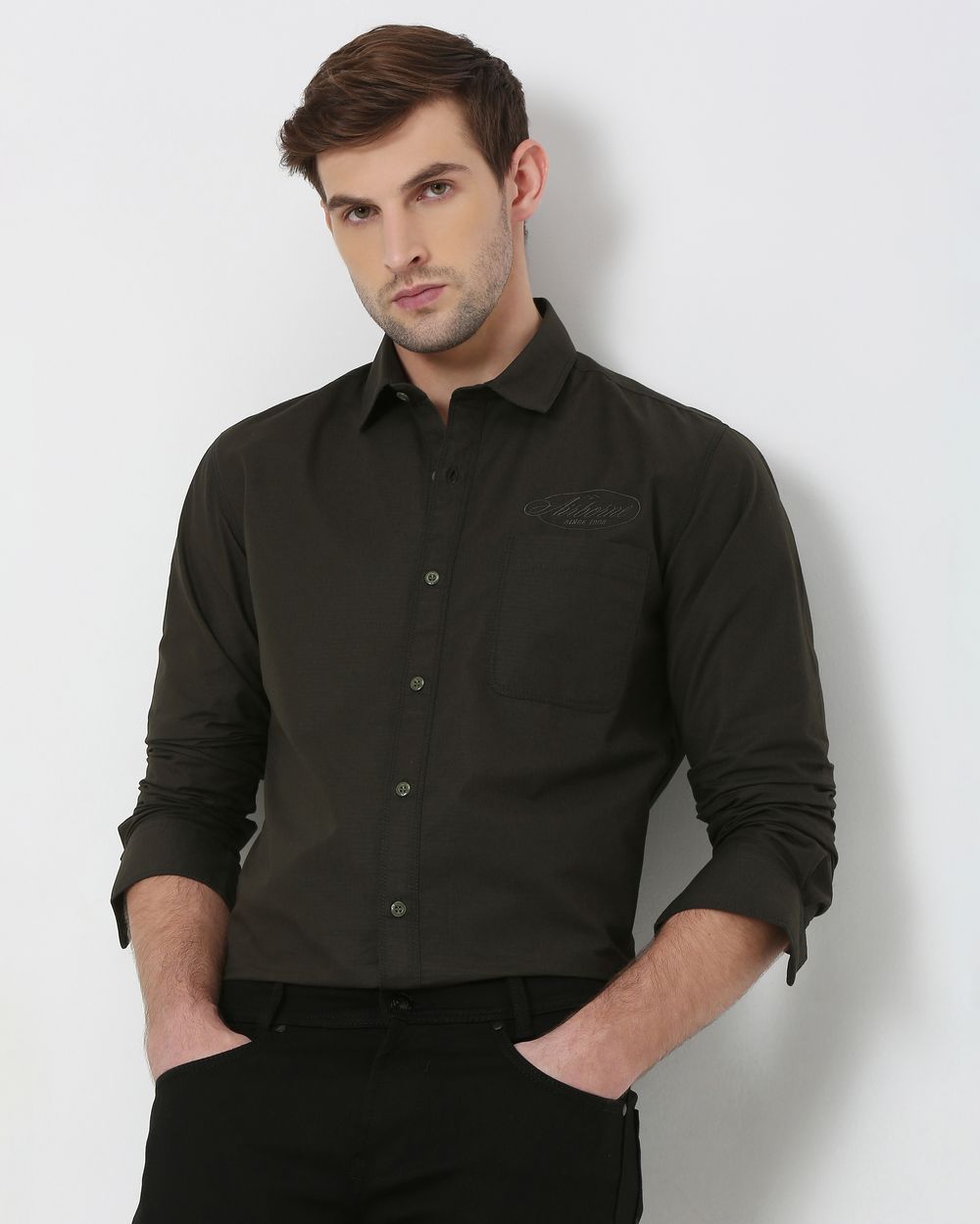 Olive Military Plain Slim Fit Casual Shirt