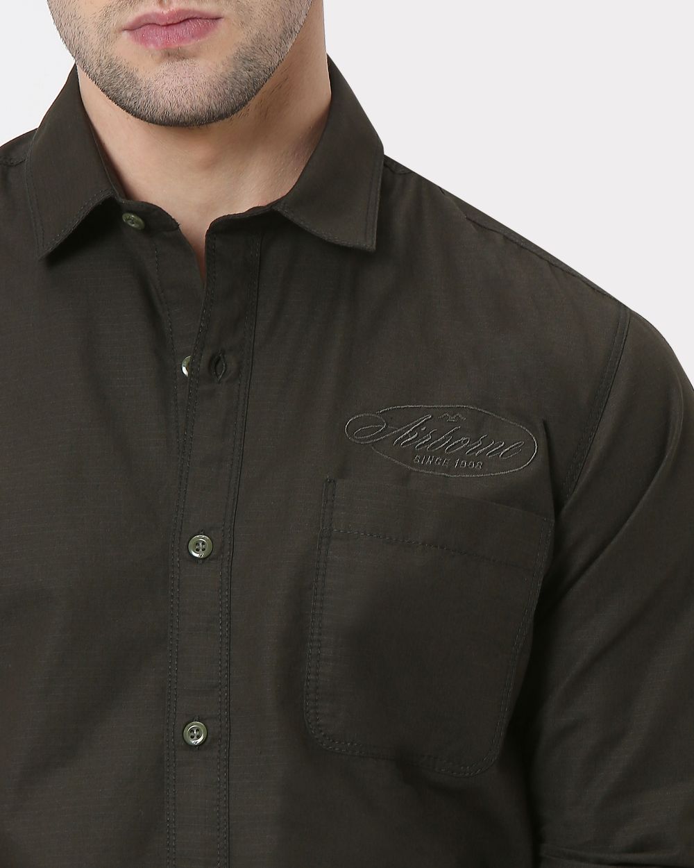 Olive Military Plain Slim Fit Casual Shirt