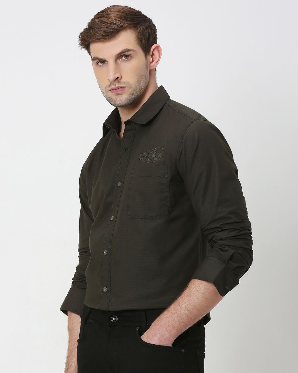 Olive Military Plain Slim Fit Casual Shirt