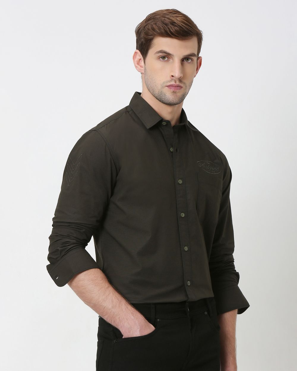 Olive Military Plain Slim Fit Casual Shirt