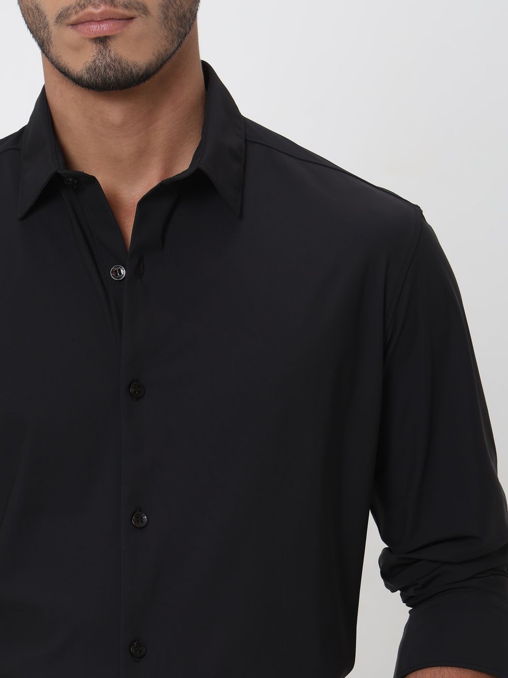 Black Stretch Plain Slim Fit Casual Shirt