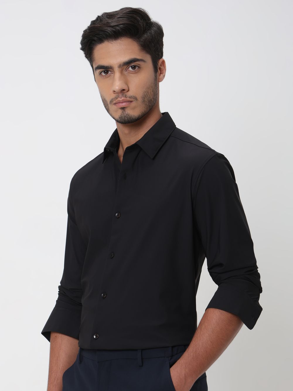 Black Stretch Plain Slim Fit Casual Shirt