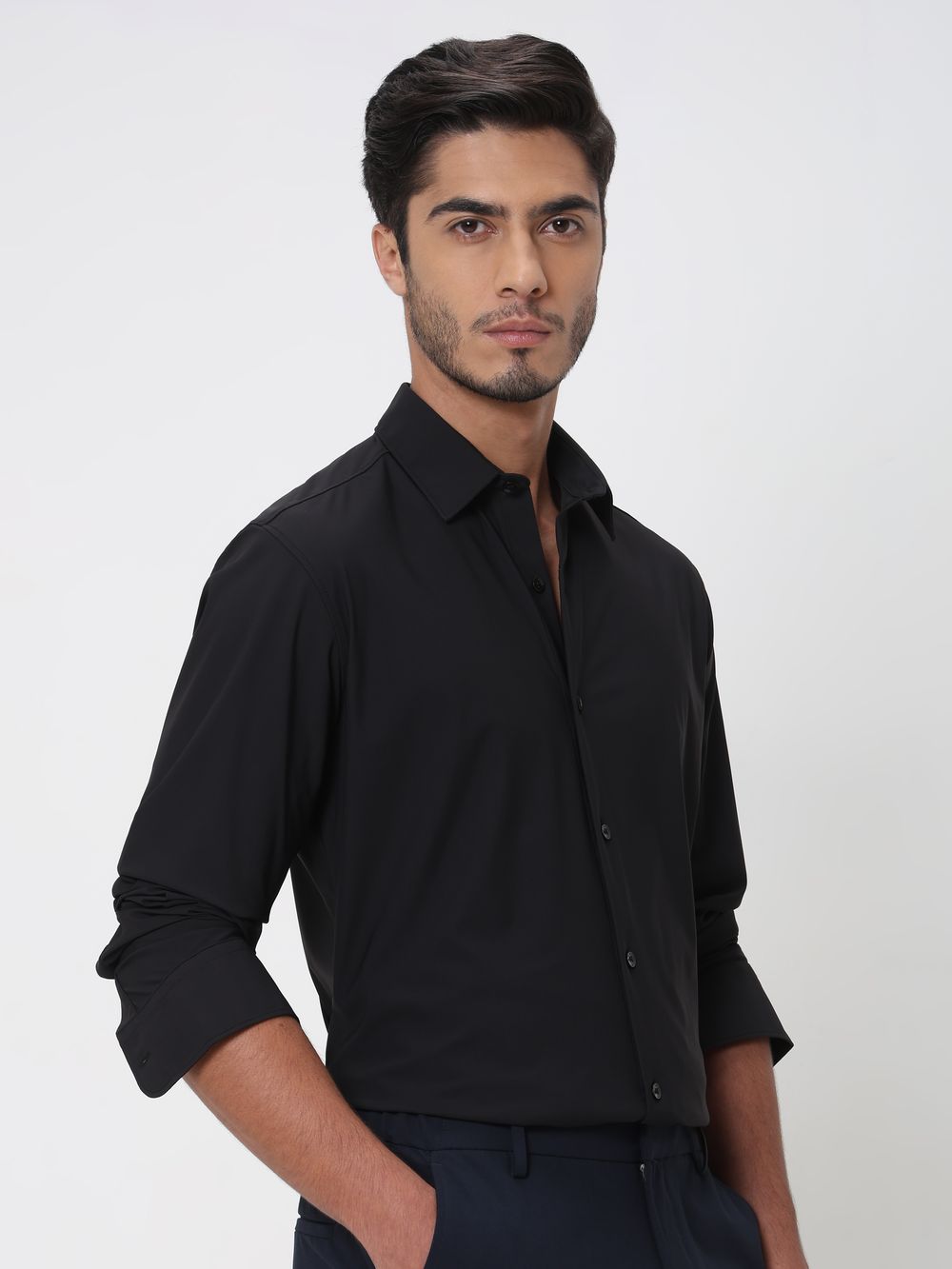 Black Stretch Plain Slim Fit Casual Shirt