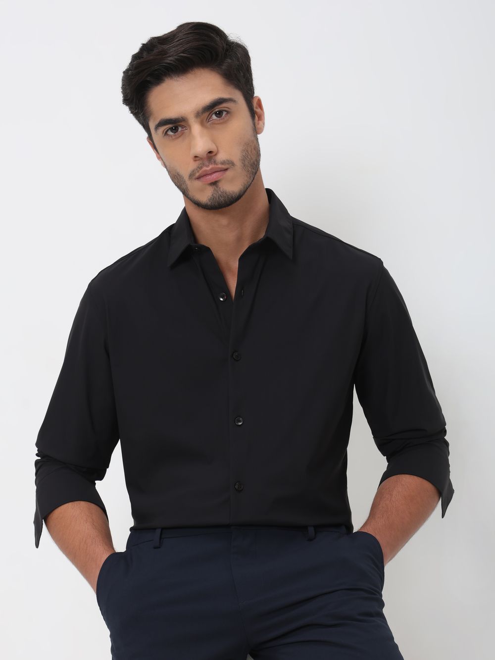Black Stretch Plain Slim Fit Casual Shirt