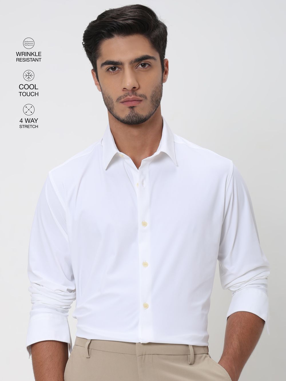 White Stretch Plain Slim Fit Casual Shirt