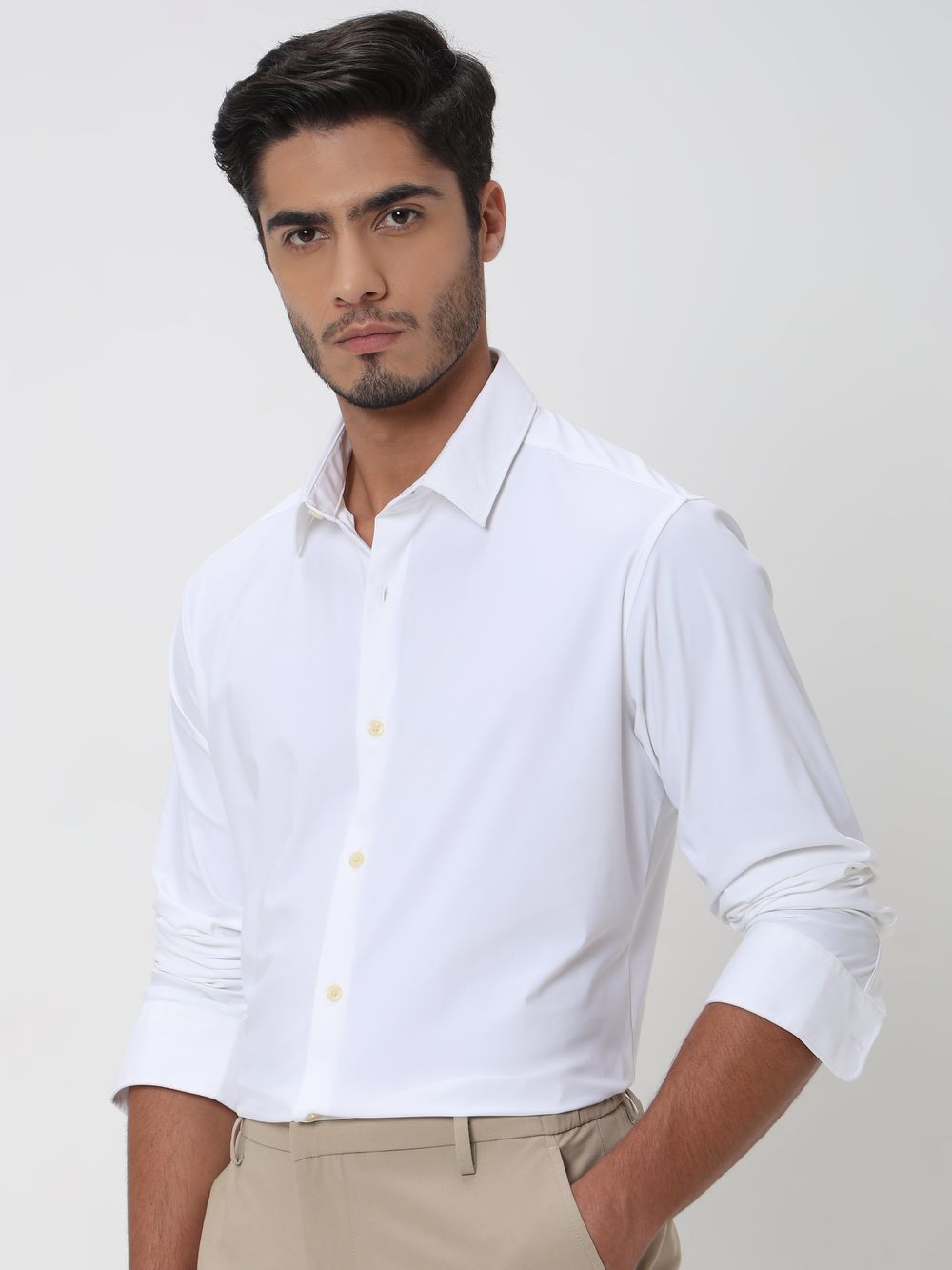 White Stretch Plain Slim Fit Casual Shirt