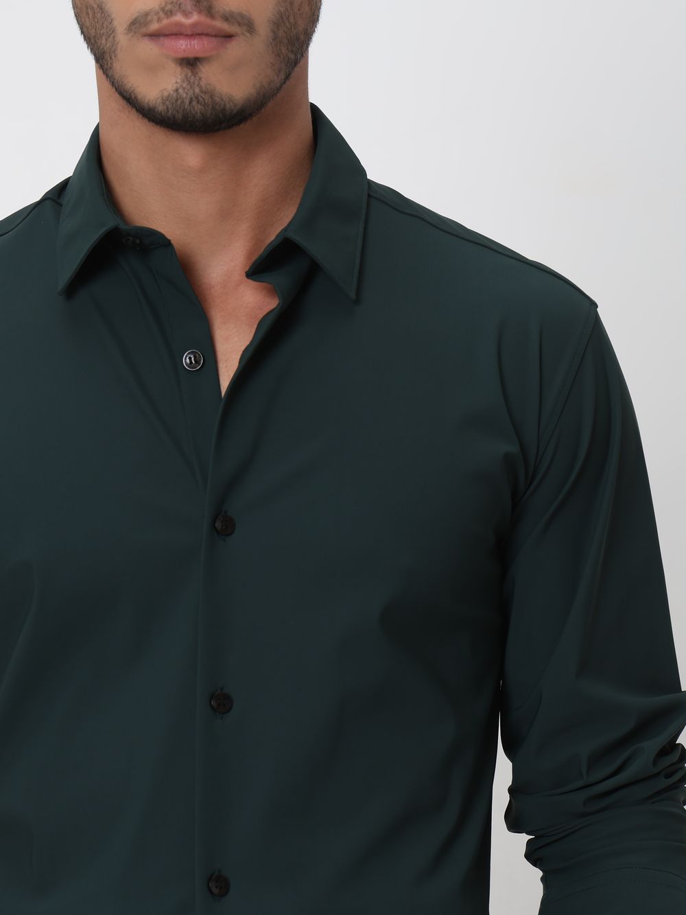 Green Stretch Plain Slim Fit Casual Shirt
