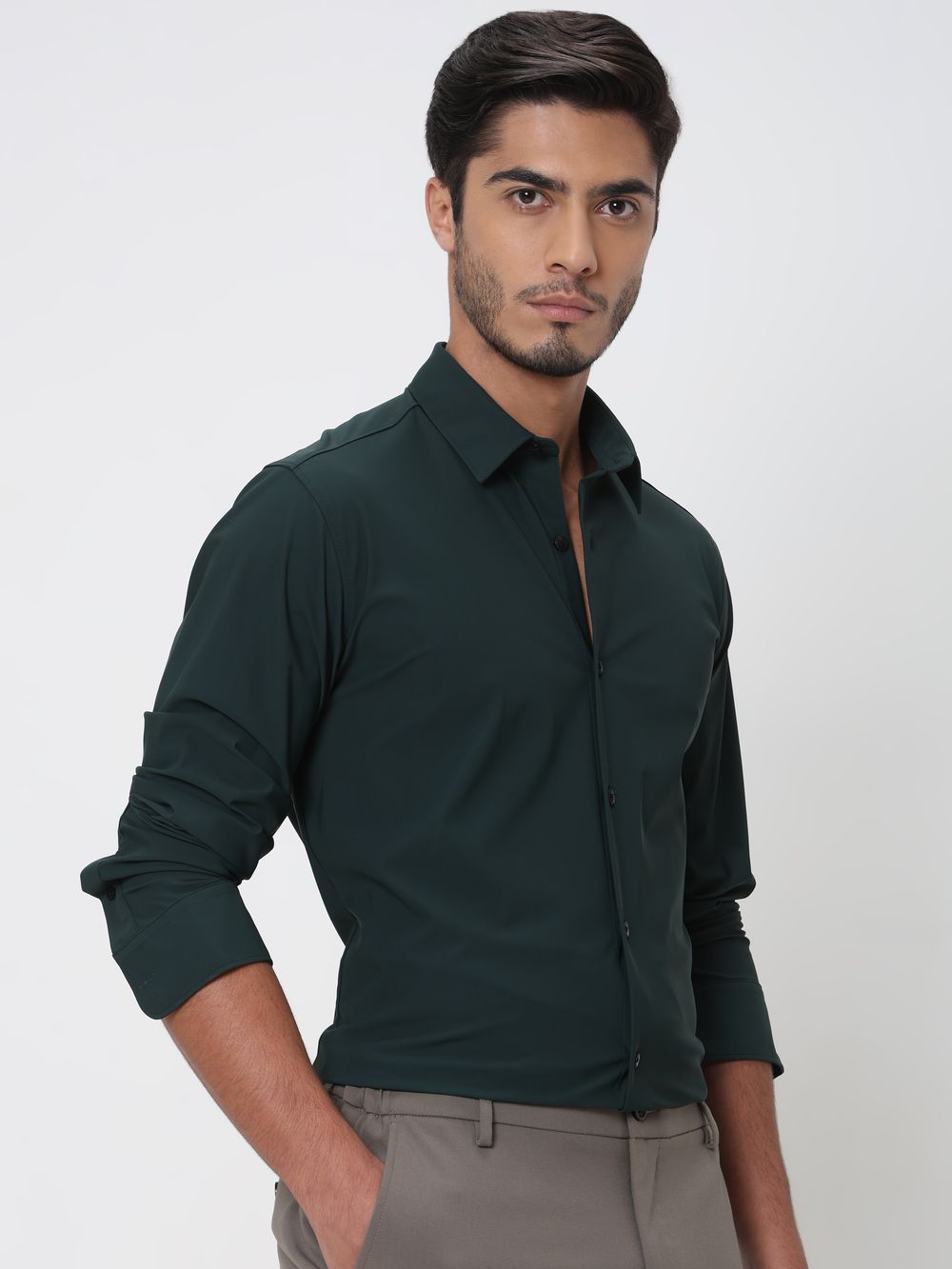 Green Stretch Plain Slim Fit Casual Shirt