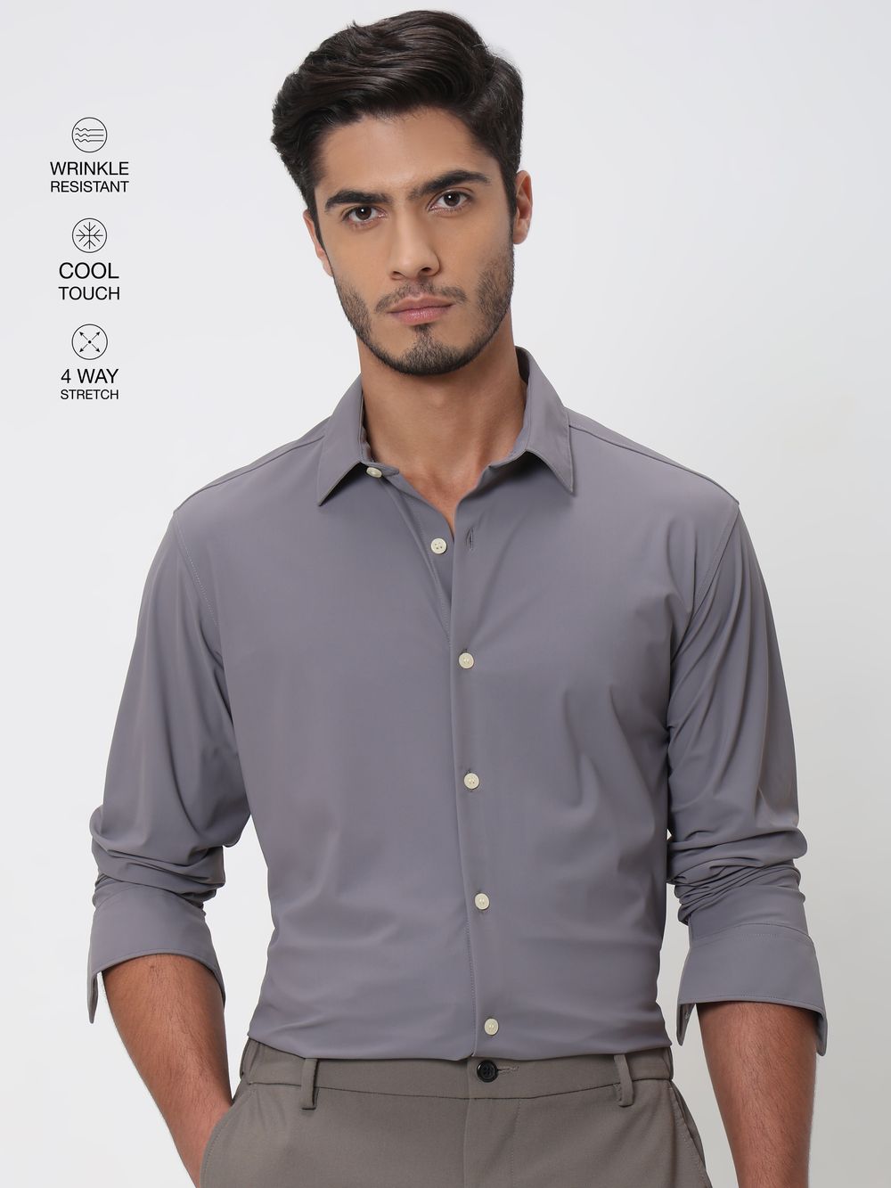 Grey Stretch Plain Slim Fit Casual Shirt