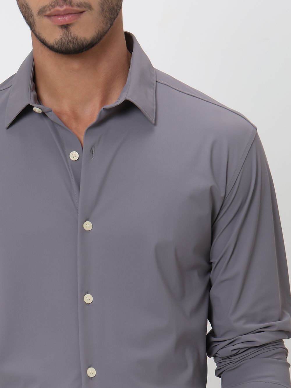 Grey Stretch Plain Slim Fit Casual Shirt