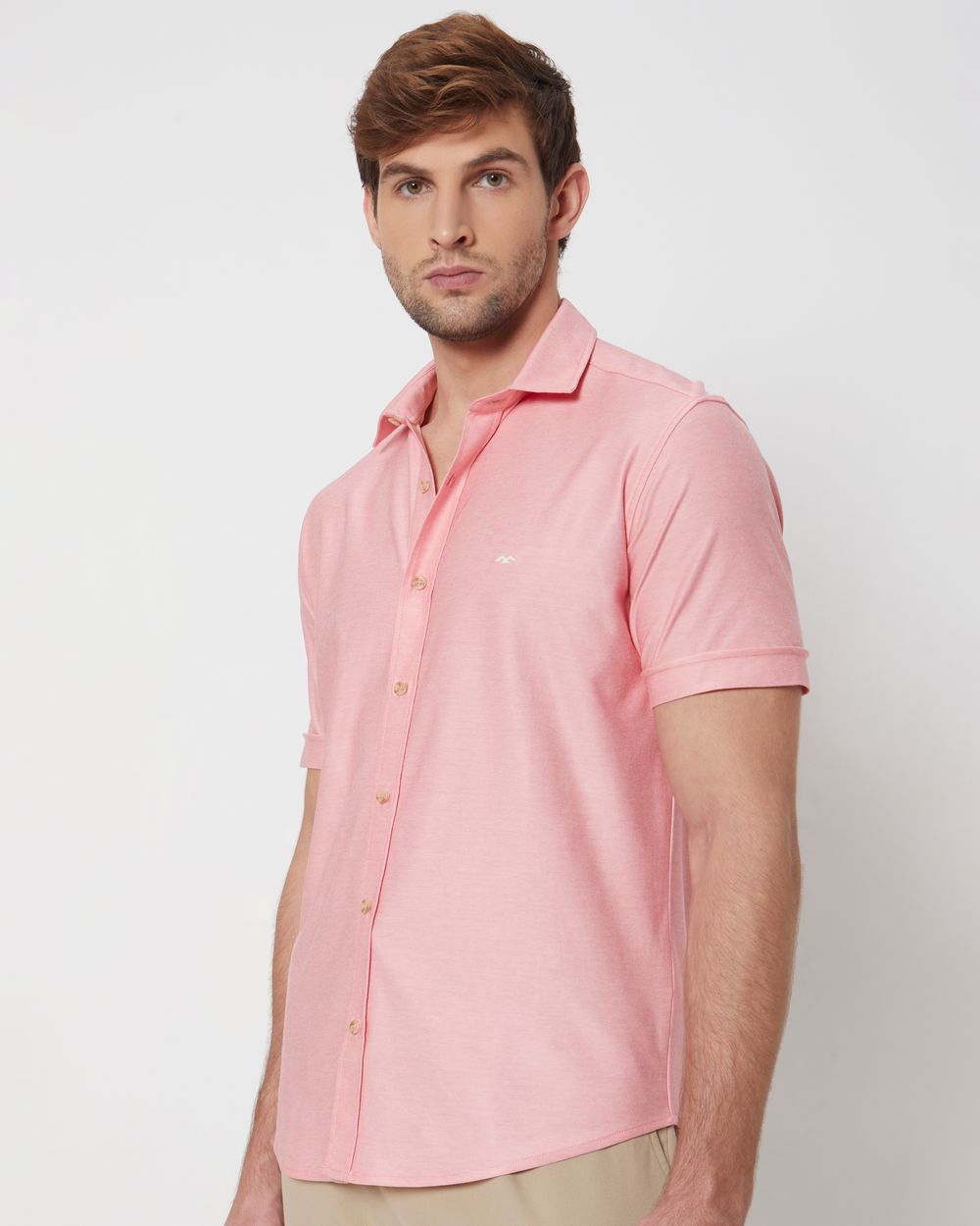 Pink Knitted Plainslim Fit Casual Shirt