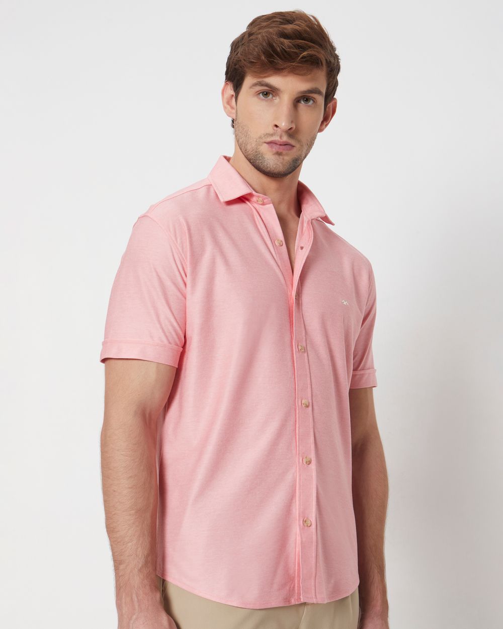 Pink Knitted Plainslim Fit Casual Shirt