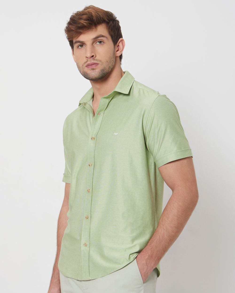 Light Green Knitted Plainslim Fit Casual Shirt