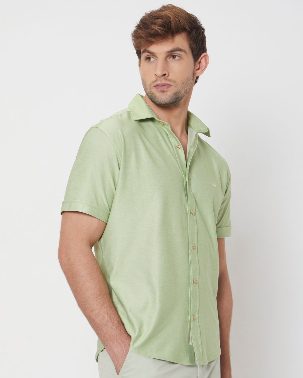 Light Green Knitted Plainslim Fit Casual Shirt
