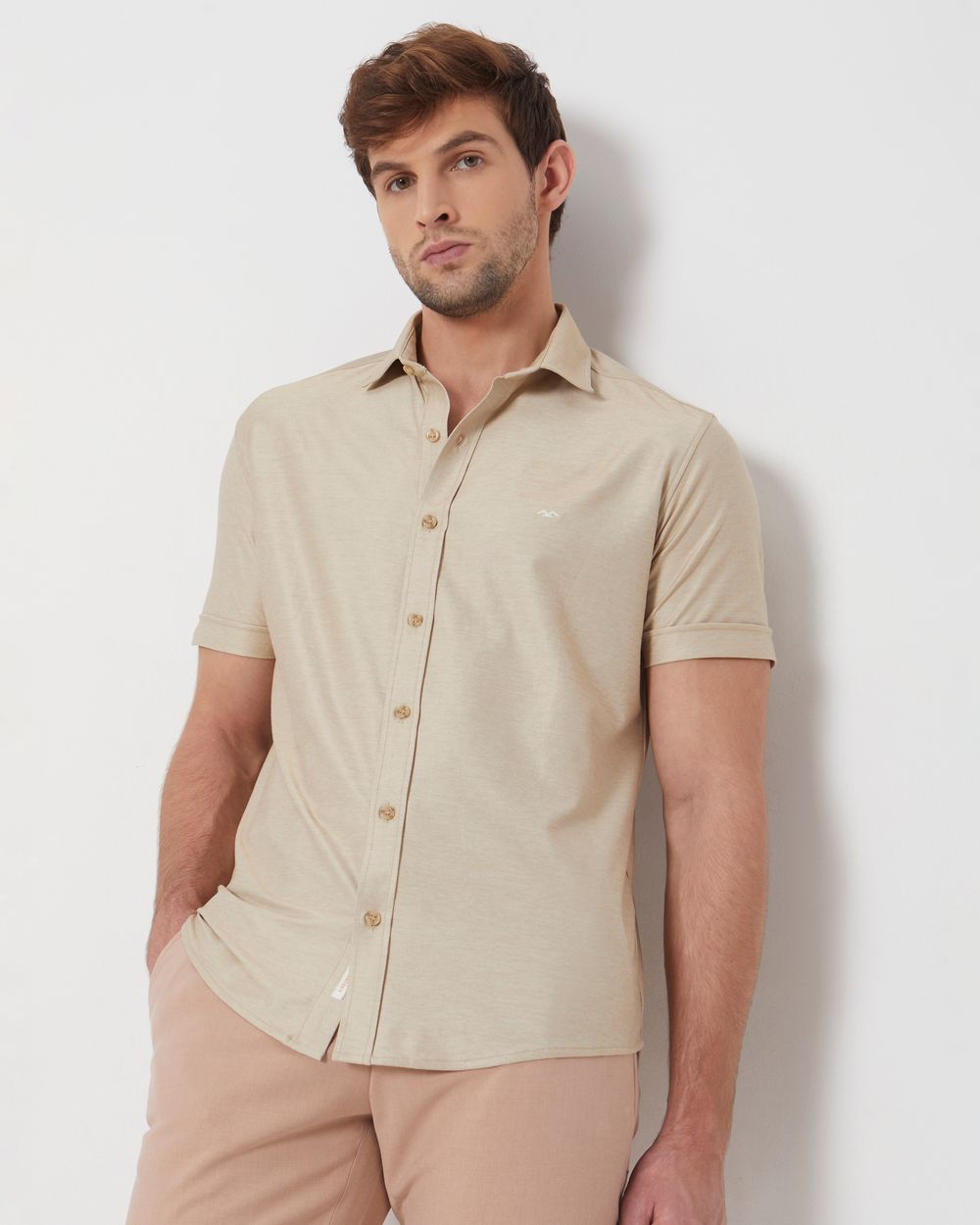Beige Knitted Plainslim Fit Casual Shirt
