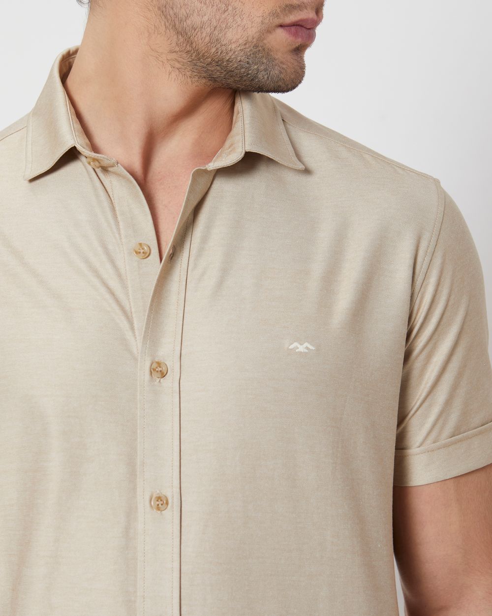 Beige Knitted Plainslim Fit Casual Shirt