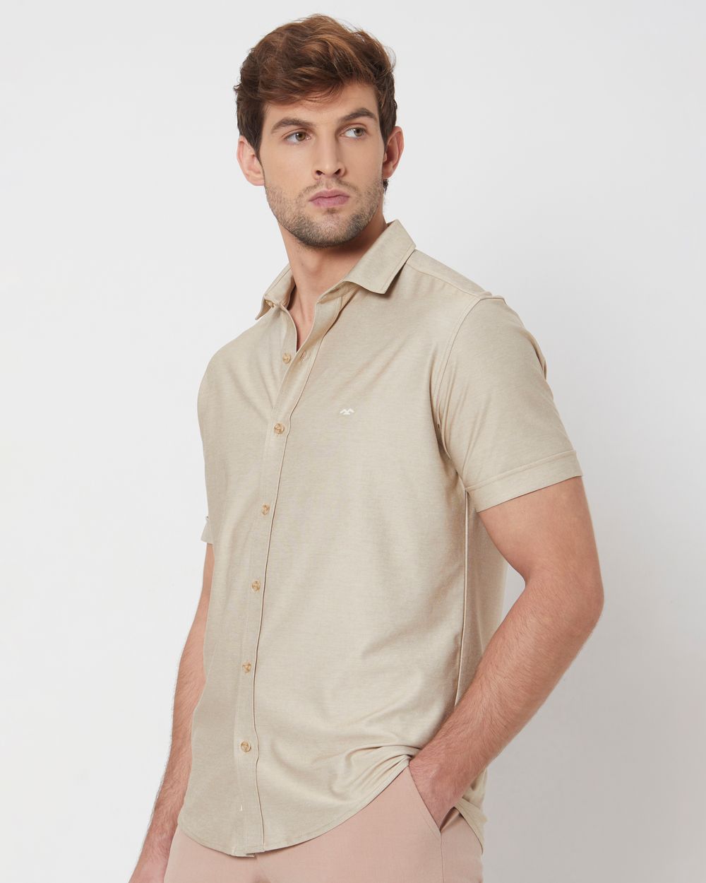 Beige Knitted Plainslim Fit Casual Shirt