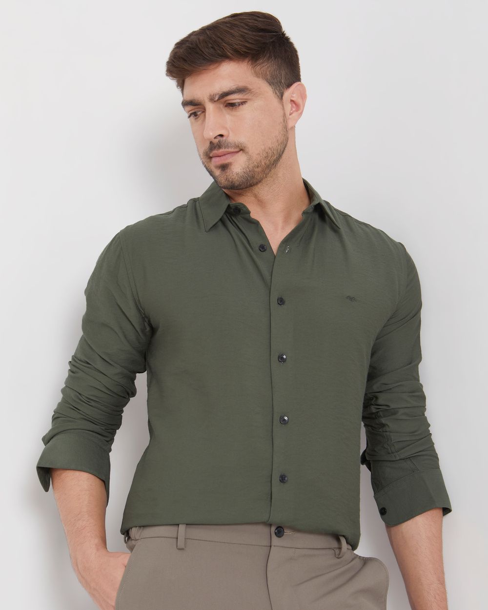 Olive Textured Plain Slim Fit Casual Shirt