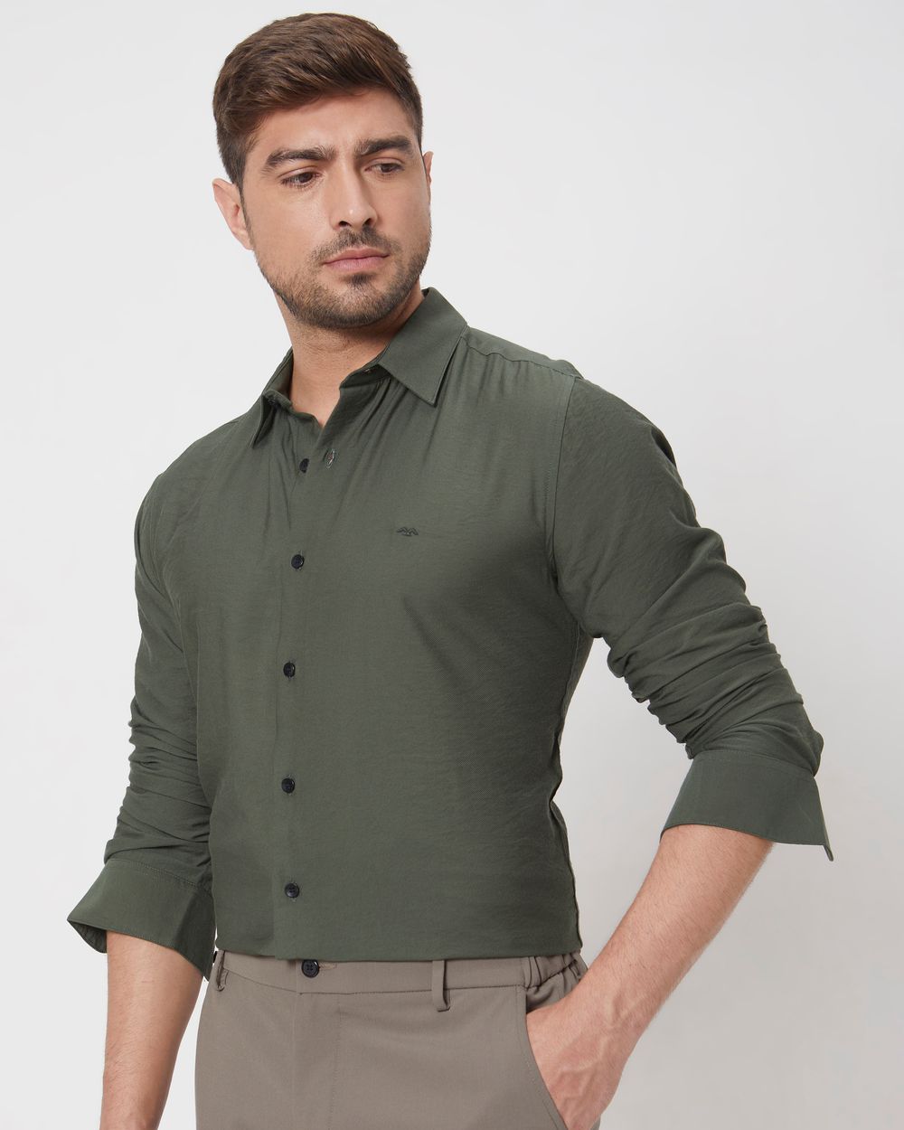 Olive Textured Plain Slim Fit Casual Shirt