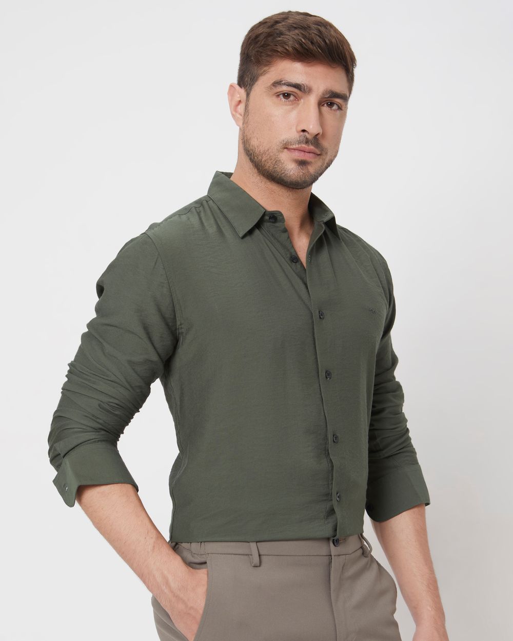 Olive Textured Plain Slim Fit Casual Shirt